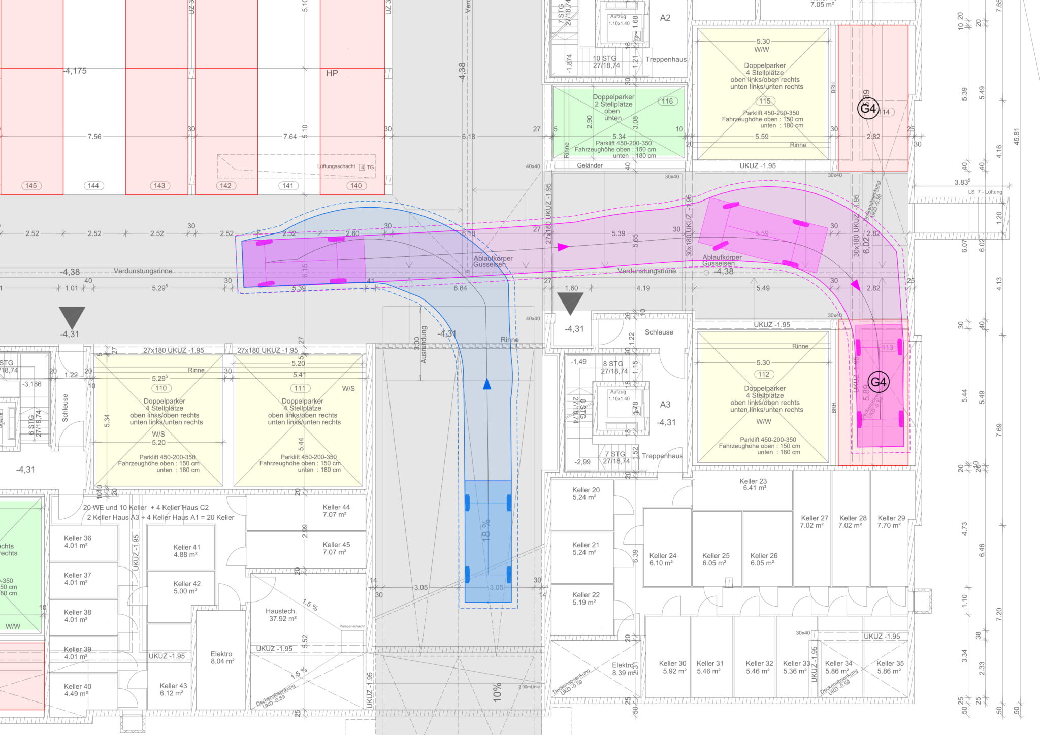 Studie zu Tiefgaragenstellplätzen mit Schleppkurven Hautum